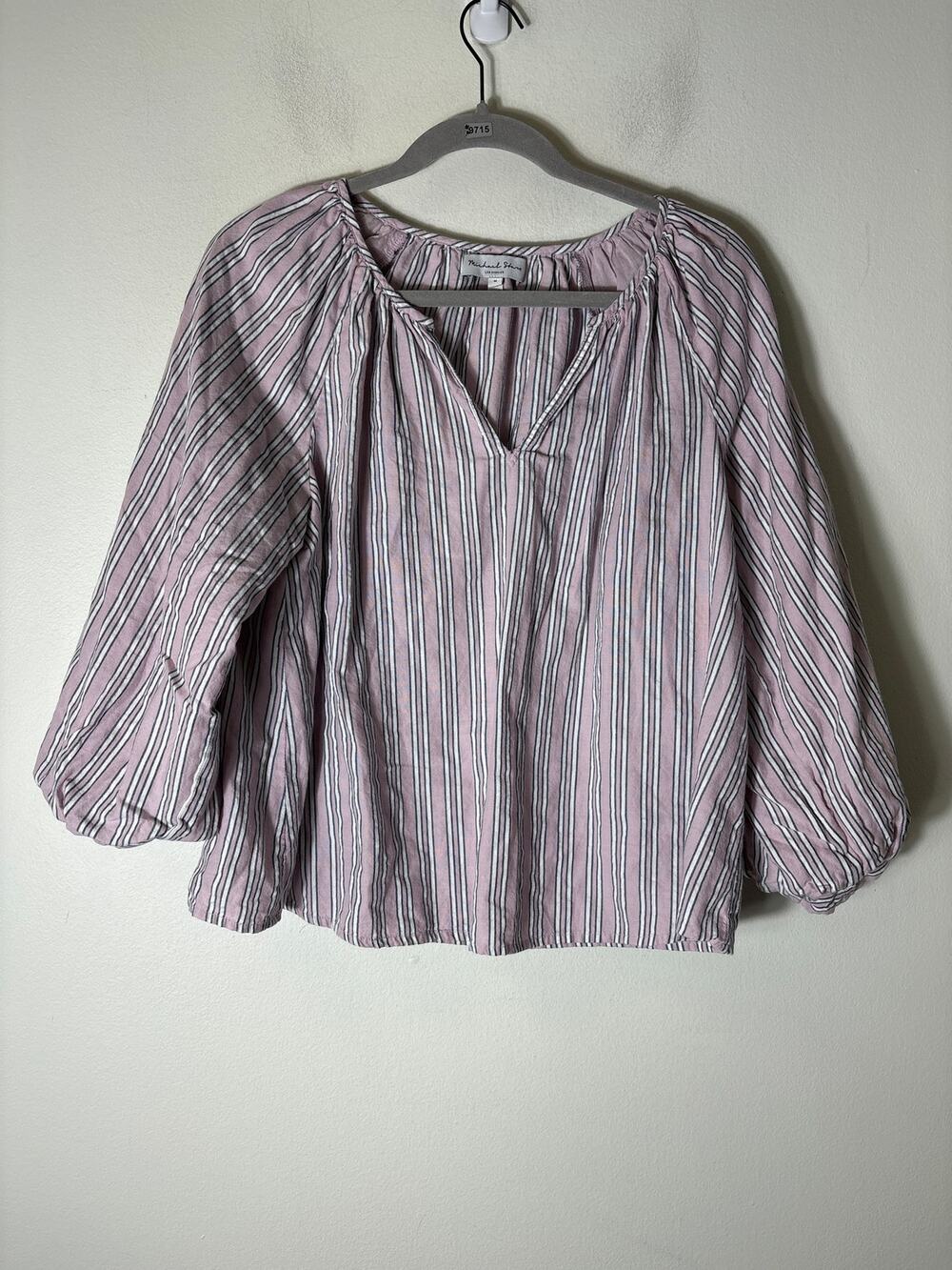 Michael Stars Pink Stripe Long Puff sleeve Cotton V-Neck Shirt Sz M